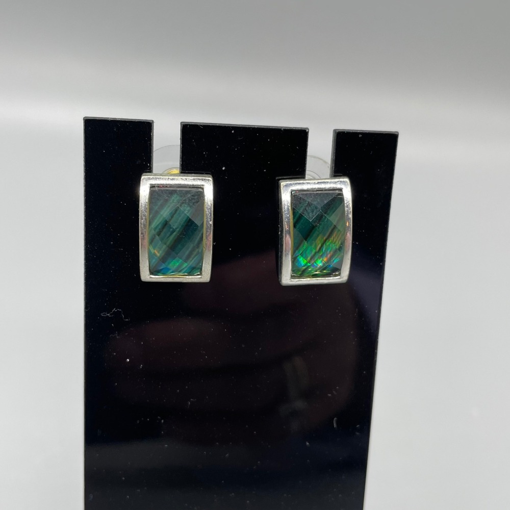 Green Blue Iridescent Rectangular Stud Earrings Silver Toneā Geometric Faceted